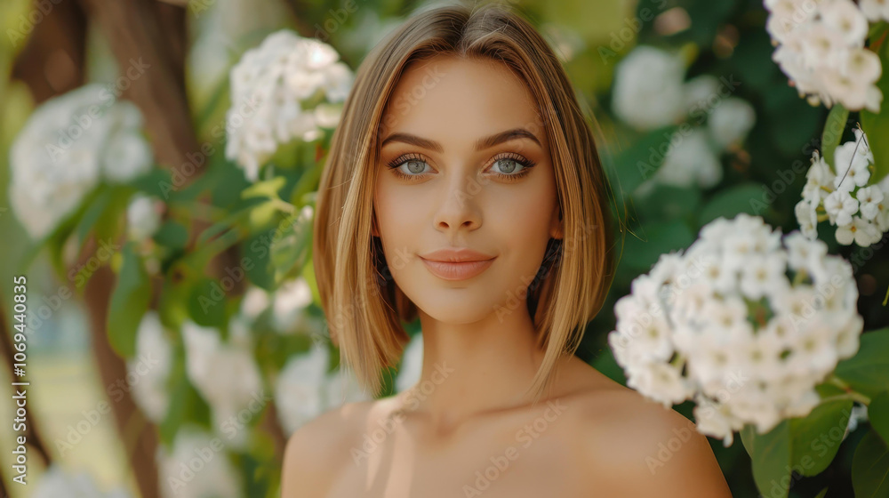 A radiant young woman smiles joyfully in a lush, green landscape, showcasing her beauty against natures backdrop. A radiant young woman smiles joyfully in a lush, green landscape, showcasing her beauty against natures backdrop.