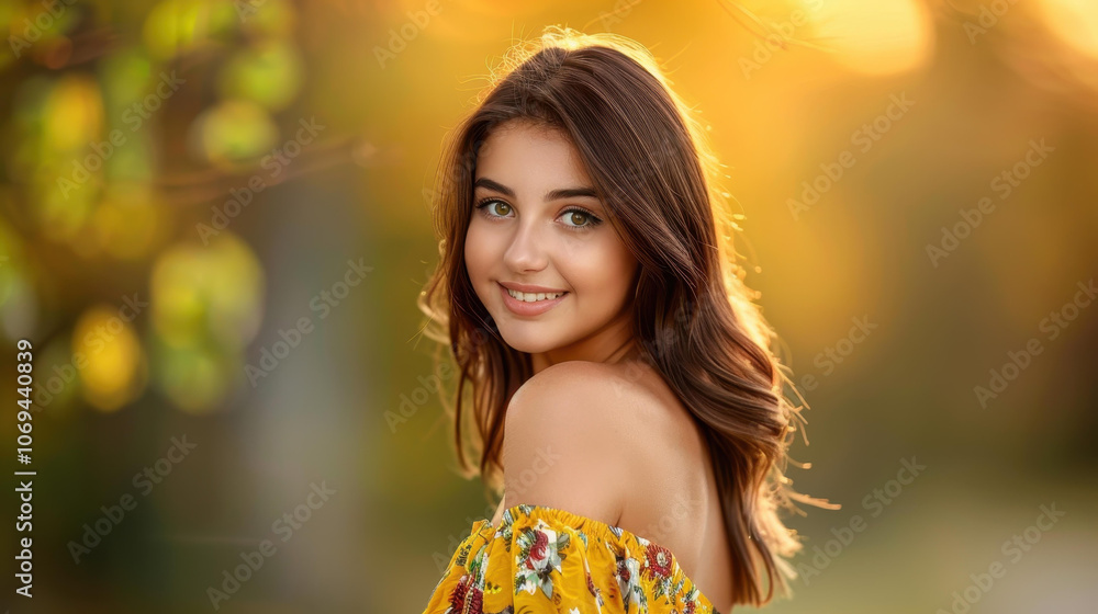 A radiant young woman smiles joyfully in a lush, green landscape, showcasing her beauty against natures backdrop. A radiant young woman smiles joyfully in a lush, green landscape, showcasing her beauty against natures backdrop.