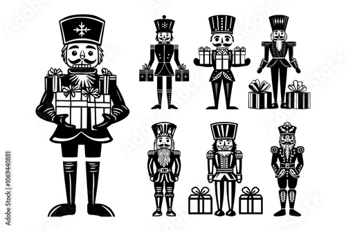 Collection of nutcracker holding presents, perfect for Christmas and festive holiday decorations or designs. Vector illustration