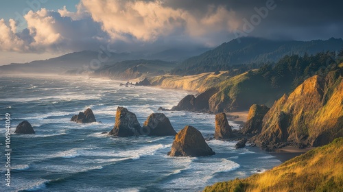 Stormy Coastal Headlands: Turbulent Seas and Volcanic Cliffs Under Dramatic Clouds at Golden Hour - A National Geographic Inspired Seascape. photo