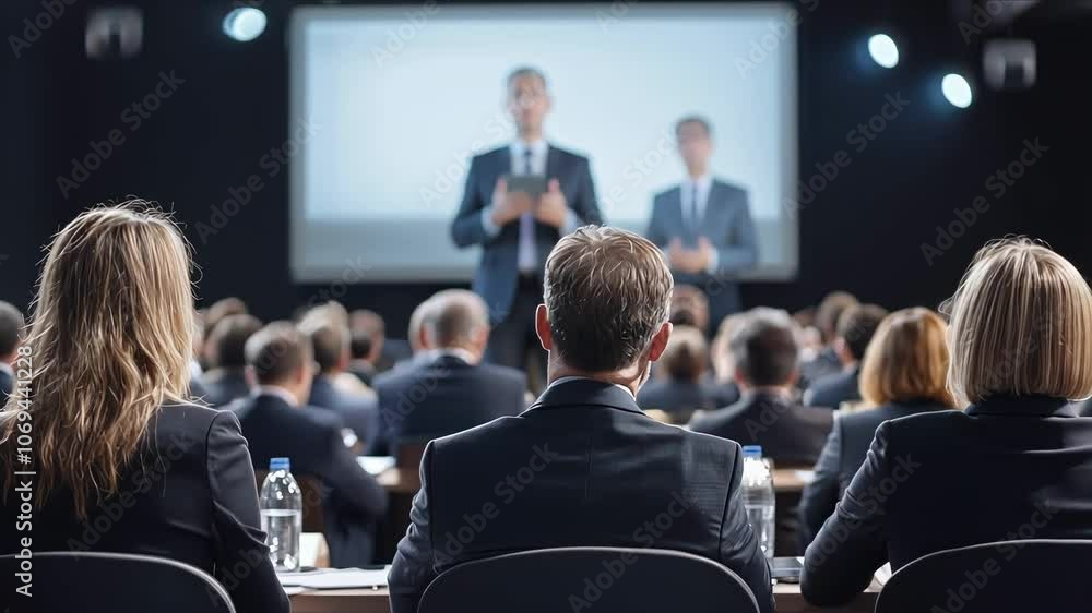Audience engagement at a corporate seminar in a large auditorium during a professional presentation