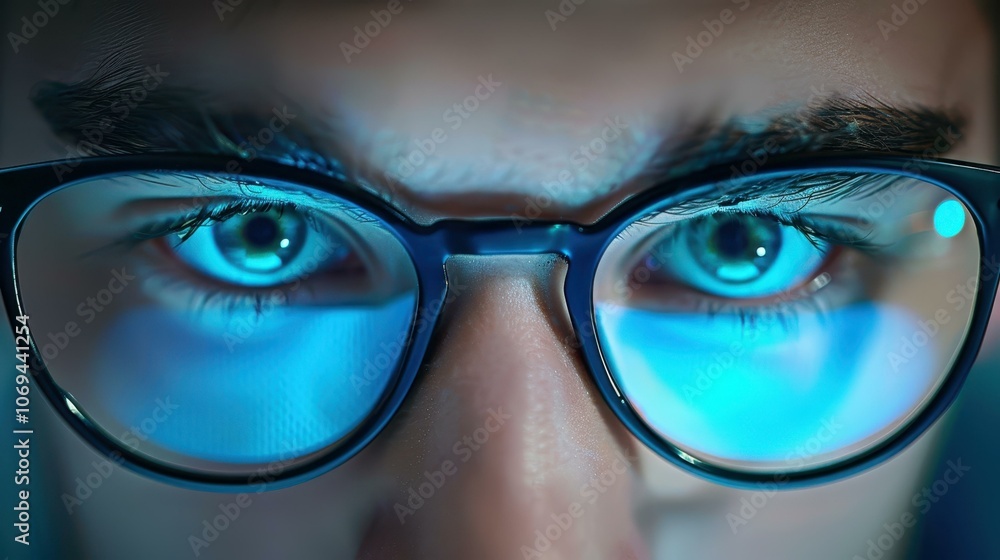 A teenage boy wearing blue light blocking glasses stares intently at the camera, showcasing a modern look and feel. A teenage boy wearing blue light blocking glasses stares intently at the camera, showcasing a modern look and feel.