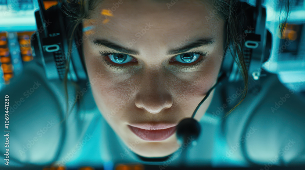 A dedicated woman in a headset provides topnotch customer support, seen through a clear glass partition. A dedicated woman in a headset provides topnotch customer support, seen through a clear glass partition.