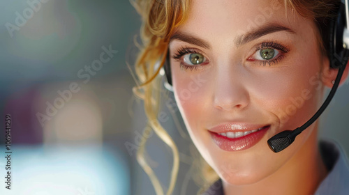 A weary young professional dons a headset as she multitasks at her office desk, balancing calls and tasks effortlessly. photo