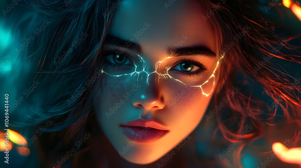 Woman with AI neural links glowing in her hair, calm and serene expression, futuristic concept art, soft lighting, vibrant colors, holographic details Woman with AI neural links glowing in her hair, calm and serene expression, futuristic concept art, soft lighting, vibrant colors, holographic details