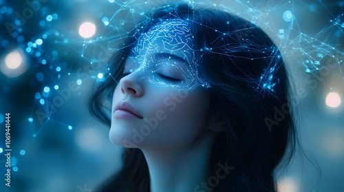 Woman with eyes closed, digital brain activity projected above her head, connected to holographic screens, glowing circuitry, sci-fi, futuristic, blue tones