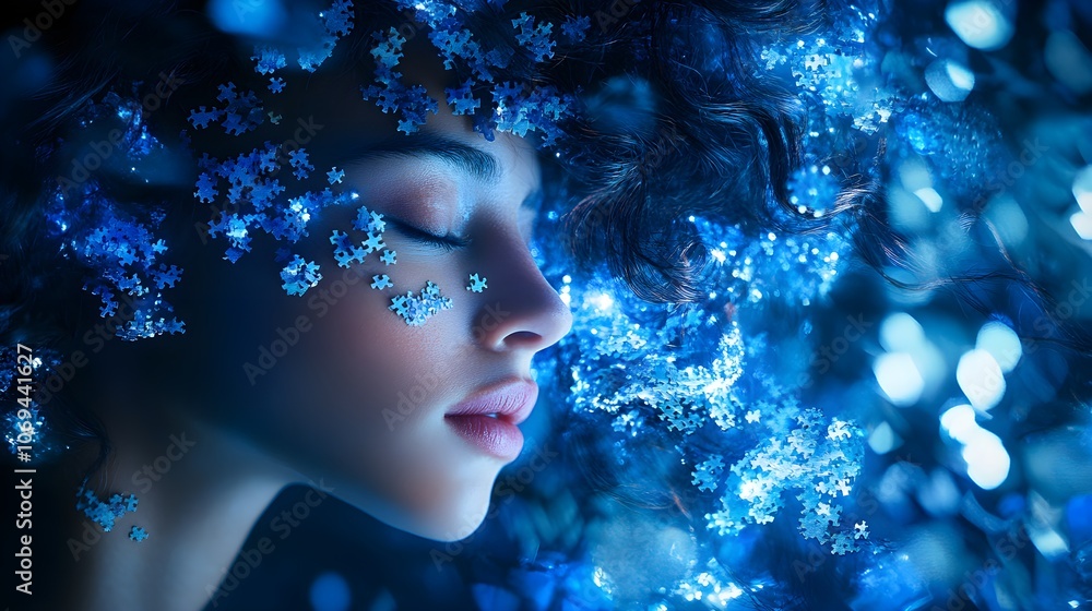 Woman with flowing puzzle pieces in her hair, deep blue reflective background, symbolizing mind complexity, Surreal, Digital Watercolor, Monochromatic blue, Soft lighting Woman with flowing puzzle pieces in her hair, deep blue reflective background, symbolizing mind complexity, Surreal, Digital Watercolor, Monochromatic blue, Soft lighting