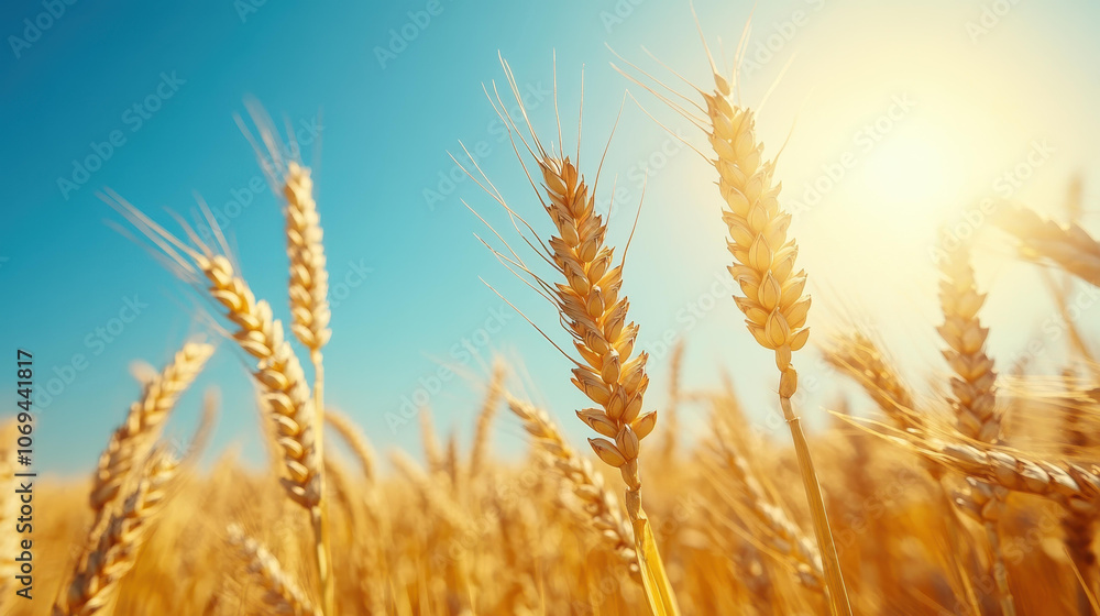 Discover the beauty of golden wheat ears against a bright sunny field, celebrating the essence of agriculture and harvest.