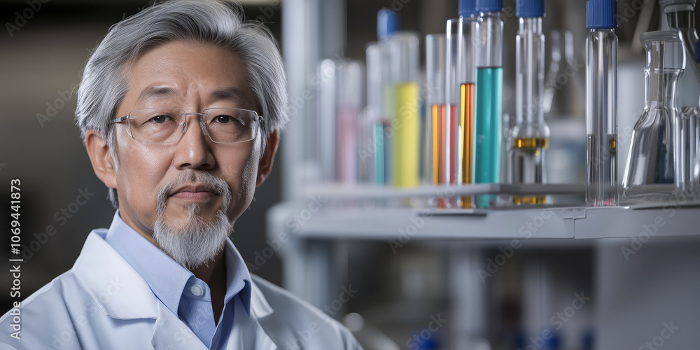 Asian scientist experimenting in laboratory with test tubes, research professional Asian scientist experimenting in laboratory with test tubes, research professional