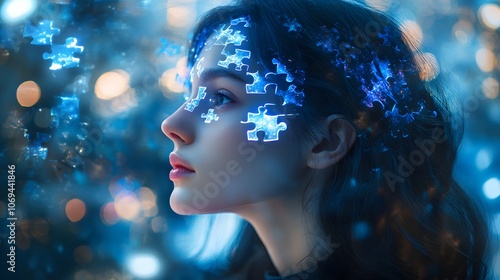 Woman with puzzle pieces woven into her hair, symbolizing deep cognitive alignment, each piece glowing in soft blue light, reflective glass-like surroundings