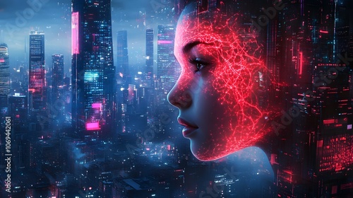 Woman's face entangled in glowing neural patterns, floating amidst puzzle pieces against a monumental cyberpunk cityscape, Psychedelic, Neon Hues, Detailed Illustration photo