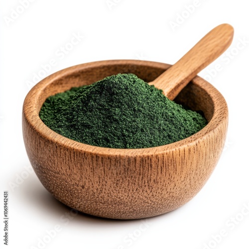 Includes images of spirulina powder in a bowl with a spoon and related text.