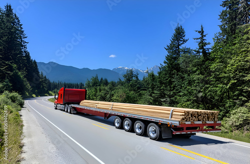 A red semi-trailer truck carrying a load of lumber drives along a paved road through a mountain forest. photo