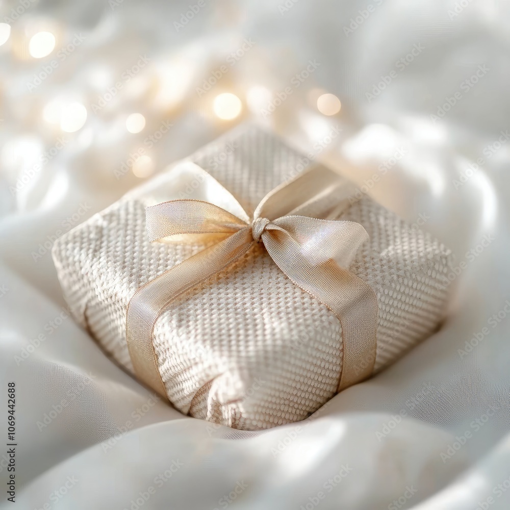 Photo of a present wrapped in textured paper with a ribbon on a soft background, featuring warm tones that create a cozy and sophisticated atmosphere Photo of a present wrapped in textured paper with a ribbon on a soft background, featuring warm tones that create a cozy and sophisticated atmosphere