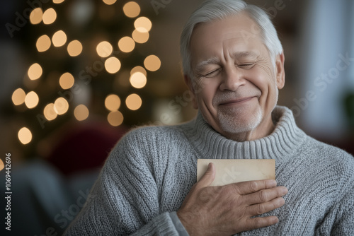 Elderly man holding a precious photograph with joy, concept of love, nostalgia and cherished memories