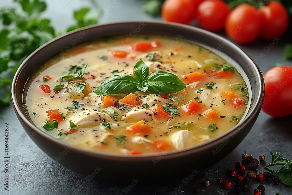 A plate of hot chicken soup with vegetables, with an empty area for text on the right. A plate of hot chicken soup with vegetables, with an empty area for text on the right.