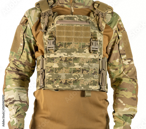 Body armor on a soldier. Military uniform. Soldier's protective equipment.