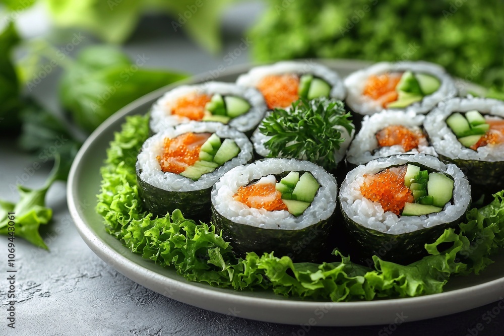 A plate of sushi with soy sauce and wasabi on a white background, leaving space for text below.
A plate of sushi with soy sauce and wasabi on a white background, leaving space for text below.