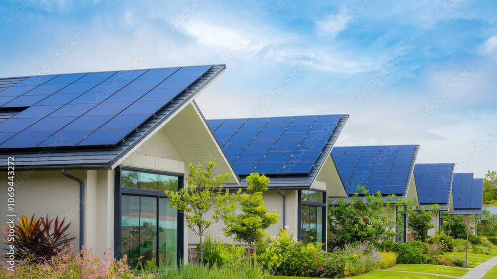 A row of houses with solar panels on the roofs. The houses are all white and have green trees in front of them. The sky is blue and there are no clouds A row of houses with solar panels on the roofs. The houses are all white and have green trees in front of them. The sky is blue and there are no clouds