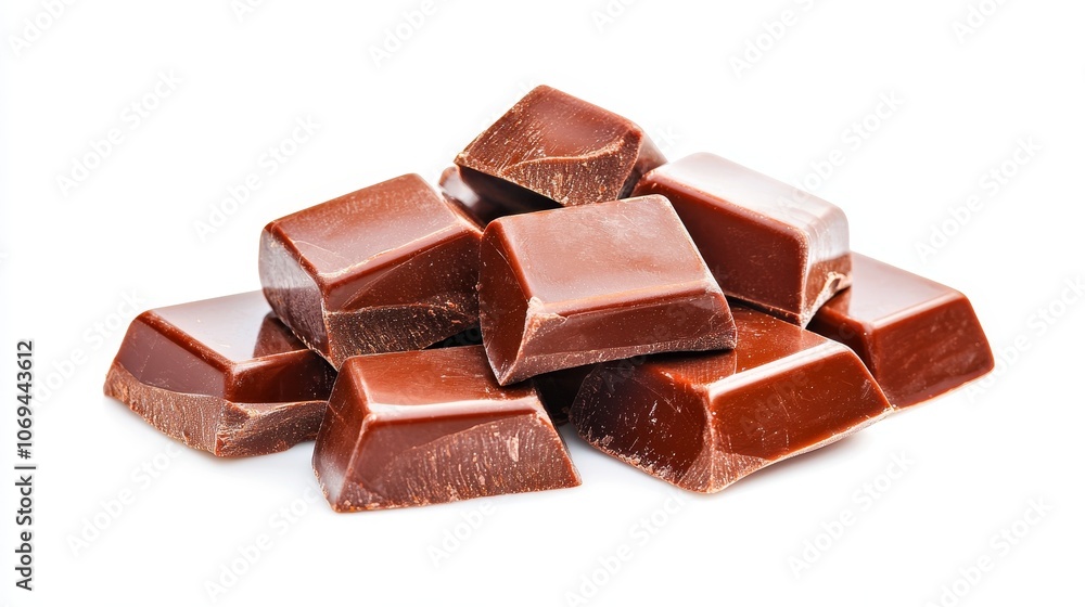 Close-up of milk chocolate pieces, smooth and glossy texture isolated on white background, perfect for dessert and confectionery advertisements, minimalistic design Close-up of milk chocolate pieces, smooth and glossy texture isolated on white background, perfect for dessert and confectionery advertisements, minimalistic design