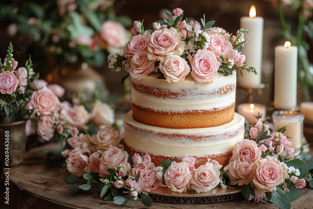 Cake on a wooden table with flowers and candles next to it, leaving space for text on the right.
Cake on a wooden table with flowers and candles next to it, leaving space for text on the right.