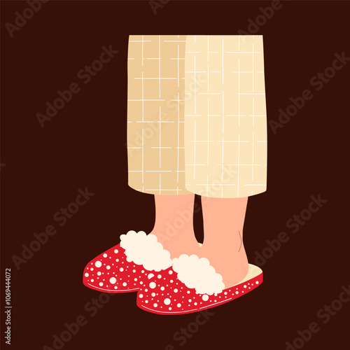 Legs in beige striped pyjama and cosy red slippers. Christmas hand drawn vector illustration.