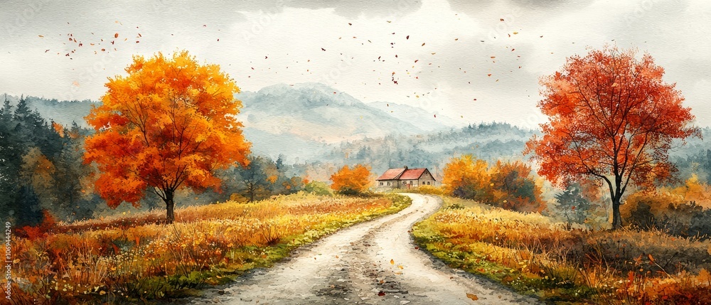 Fototapeta premium Experience the Tranquility of a Scenic Watercolor Countryside Illustration with Vibrant Autumn Colors and Serene Landscapes
