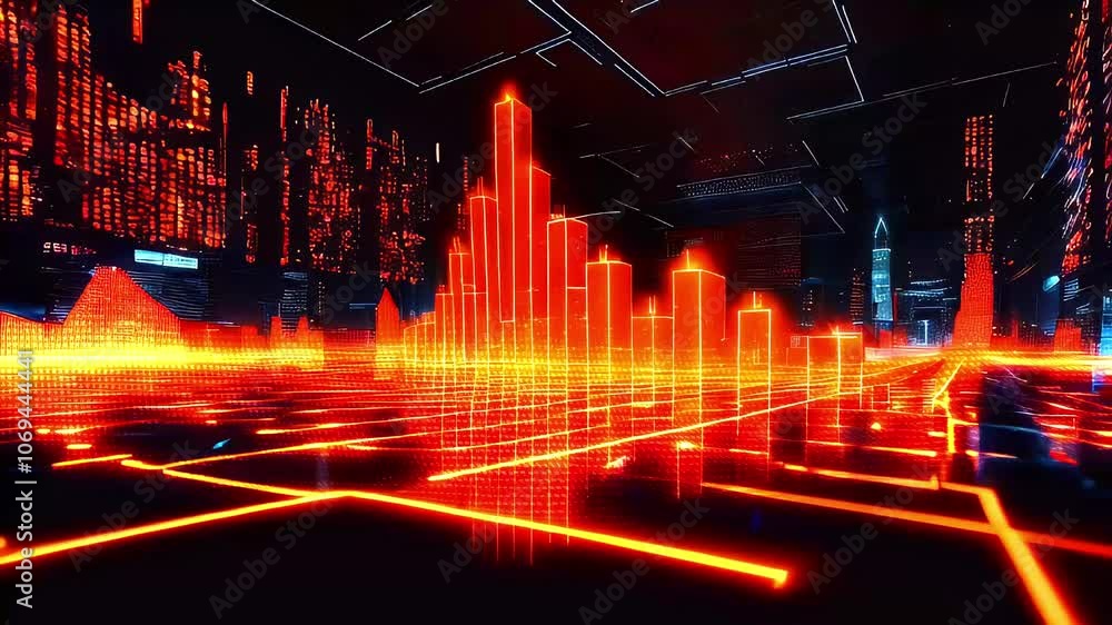 Futuristic city skyline with neon lights and grid pattern. Futuristic city skyline with neon lights and grid pattern.