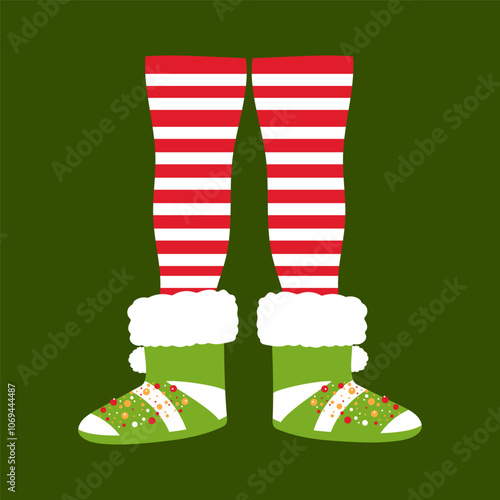 Legs in striped red pyjama and green Christmas boots. Hand drawn vector illustration.