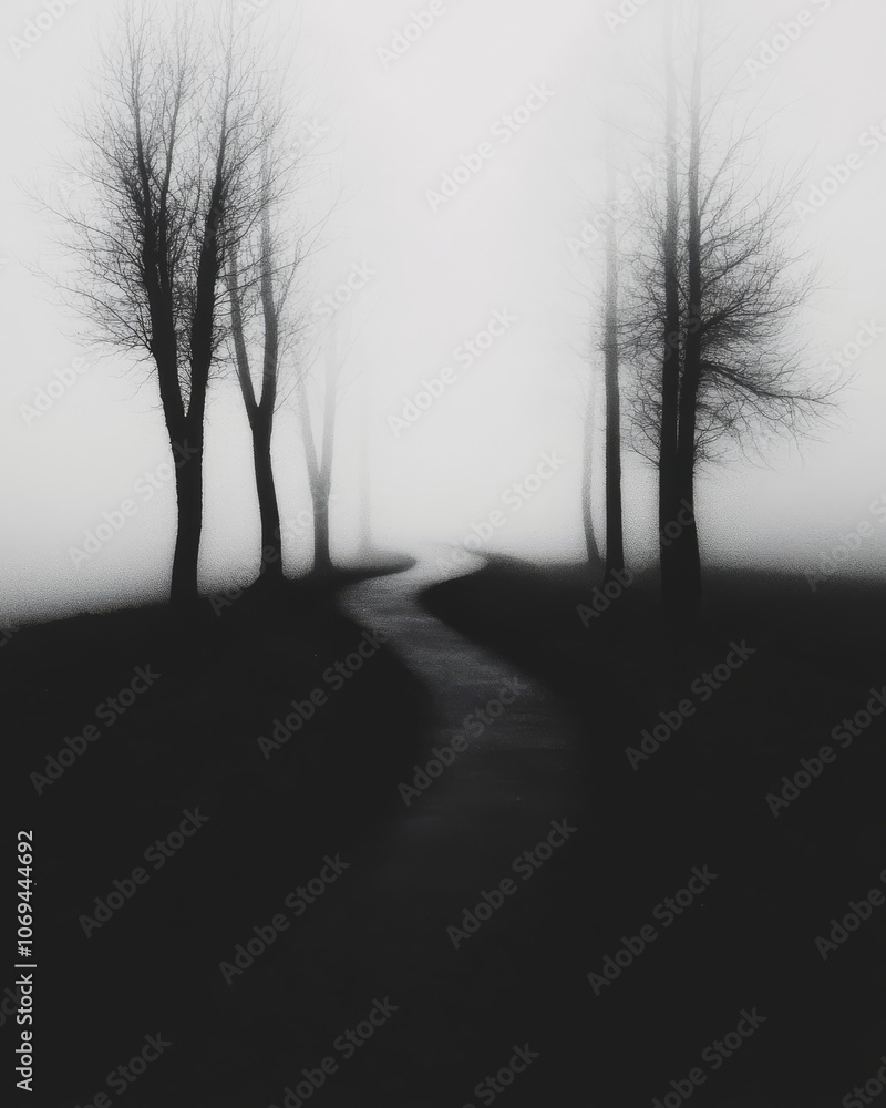 Obraz premium A path through a foggy forest with light breaking through the trees symbolizing navigating through uncertainty and toward potential.
