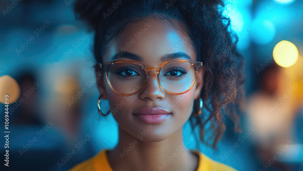 Smiling Woman with Glasses in Vibrant Neon Lighting Smiling Woman with Glasses in Vibrant Neon Lighting