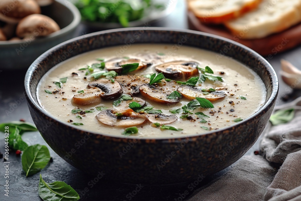 Cream of mushroom soup with greens on a dark background with an empty area for text on top. Cream of mushroom soup with greens on a dark background with an empty area for text on top.