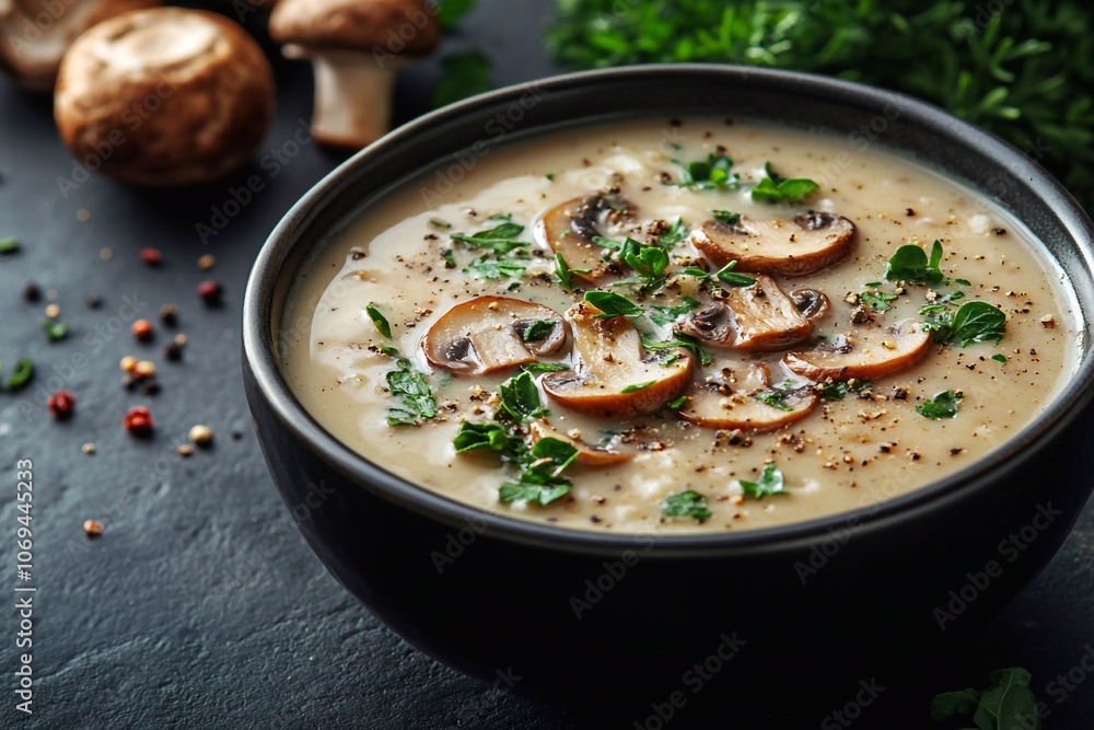 Cream of mushroom soup with greens on a dark background with an empty area for text on top. Cream of mushroom soup with greens on a dark background with an empty area for text on top.