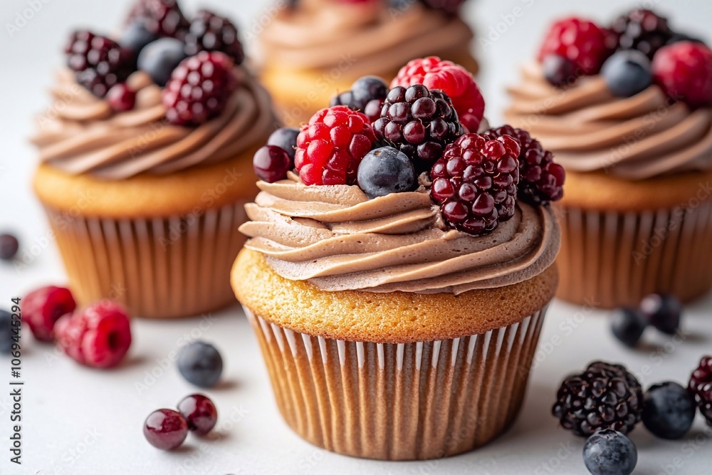 Detailed photo of a chocolate cupcake with fresh berries, leaving room for text at the top. Detailed photo of a chocolate cupcake with fresh berries, leaving room for text at the top.