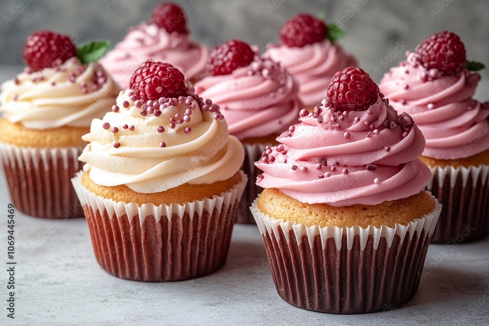 Elegant arrangement of cupcakes on a white table, space for text on the right.
Elegant arrangement of cupcakes on a white table, space for text on the right.