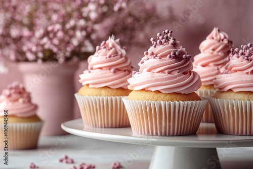  Elegant arrangement of cupcakes on a white table, space for text on the right.