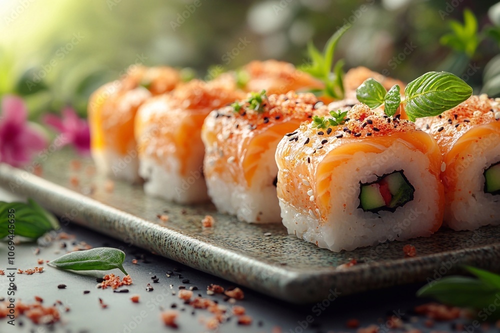 Exquisite serving of sushi rolls in a restaurant, space for text in the upper right.
Exquisite serving of sushi rolls in a restaurant, space for text in the upper right.