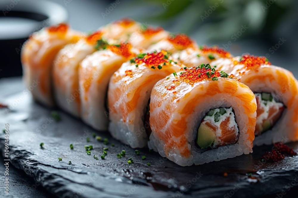 Exquisite serving of sushi rolls in a restaurant, space for text in the upper right.
Exquisite serving of sushi rolls in a restaurant, space for text in the upper right.