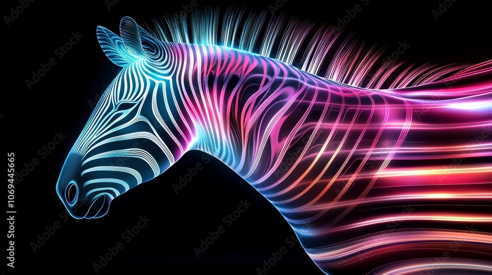 Naklejka premium Soft, flowing pastel zebra stripes on a jet-black background, merging subtle colors with bold contrast in a modern artistic twist. Bold pastel zebra, Artistic modern design