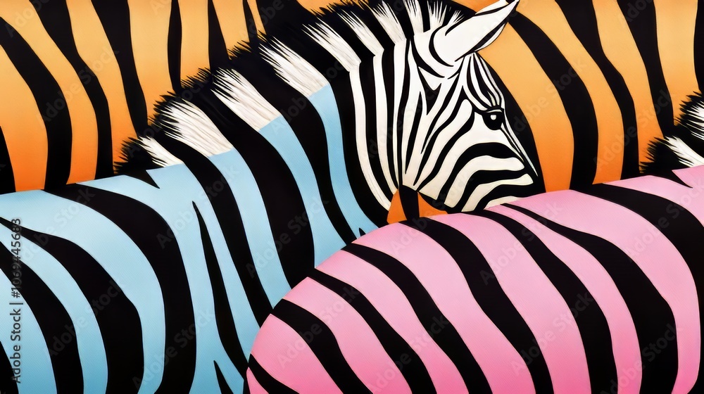 Naklejka premium Soft pastel zebra stripes on a jet-black canvas, creating a striking contrast with a vivid yet gentle aesthetic. Pastel zebra stripes, Bold artistic design