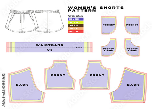 garment sewing pattern, sports clothes pattern. different sizes, shorts pants pattern