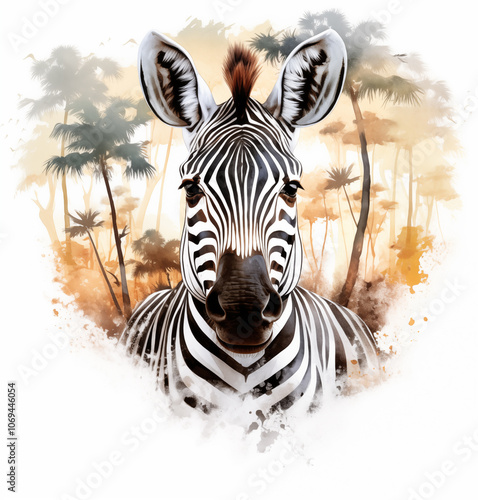 Watercolor illustration of zebra head with african savannah trees and animals in the background. Generative AI