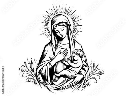 Our Lady Virgin Mary Madonna with child in peaceful embrace