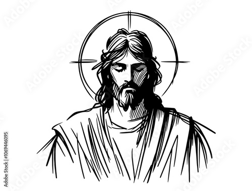 Jesus Christ illustration symbolizing faith and spirituality monoline oneline line-art