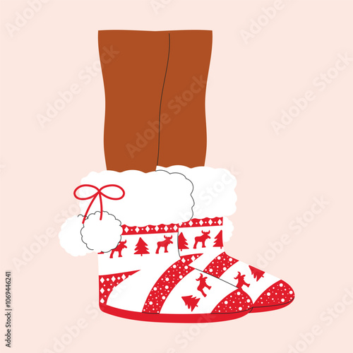 Legs in cosy Christmas boots. Hand drawn vector illustration.