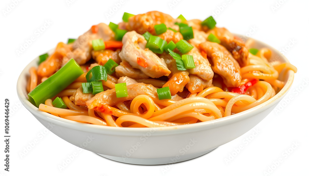 Chow mein with chicken, Chinese dish isolated with white highlights, png Chow mein with chicken, Chinese dish isolated with white highlights, png