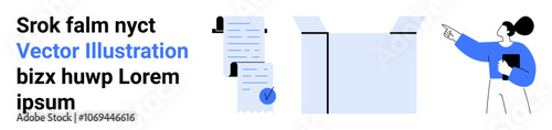 Open box, documents clipped with checkmark on clipboard, team member pointing while holding tablet. Ideal for project planning, collaboration, teamwork, productivity, efficiency, business