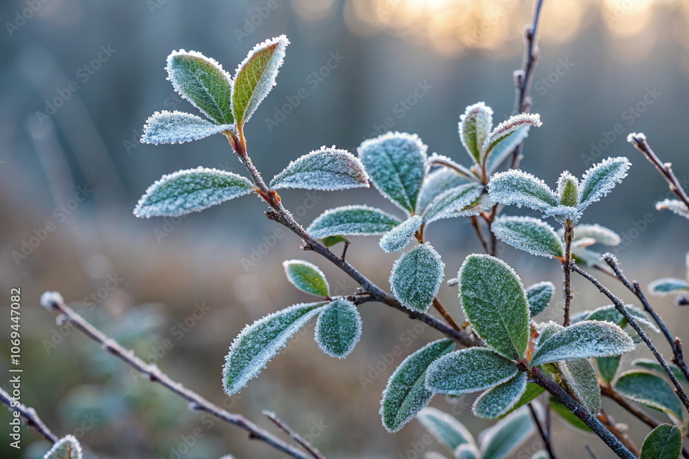 Fototapeta premium Frosty green leaves on branch against blurred background