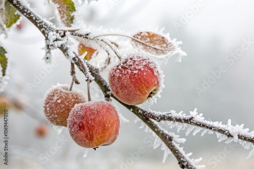 Frost-covered apples on branch in winter photo