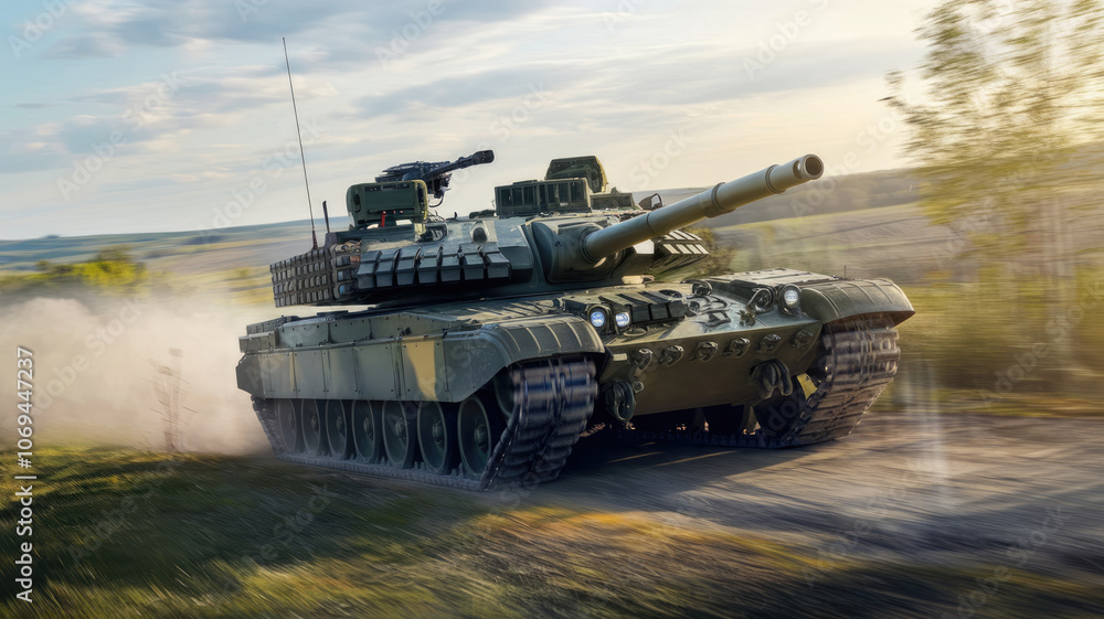 A large tank is driving through a field. The tank is surrounded by a cloud of dust, and the sky is cloudy. Scene is intense and powerful, as the tank is moving quickly through the terrain A large tank is driving through a field. The tank is surrounded by a cloud of dust, and the sky is cloudy. Scene is intense and powerful, as the tank is moving quickly through the terrain